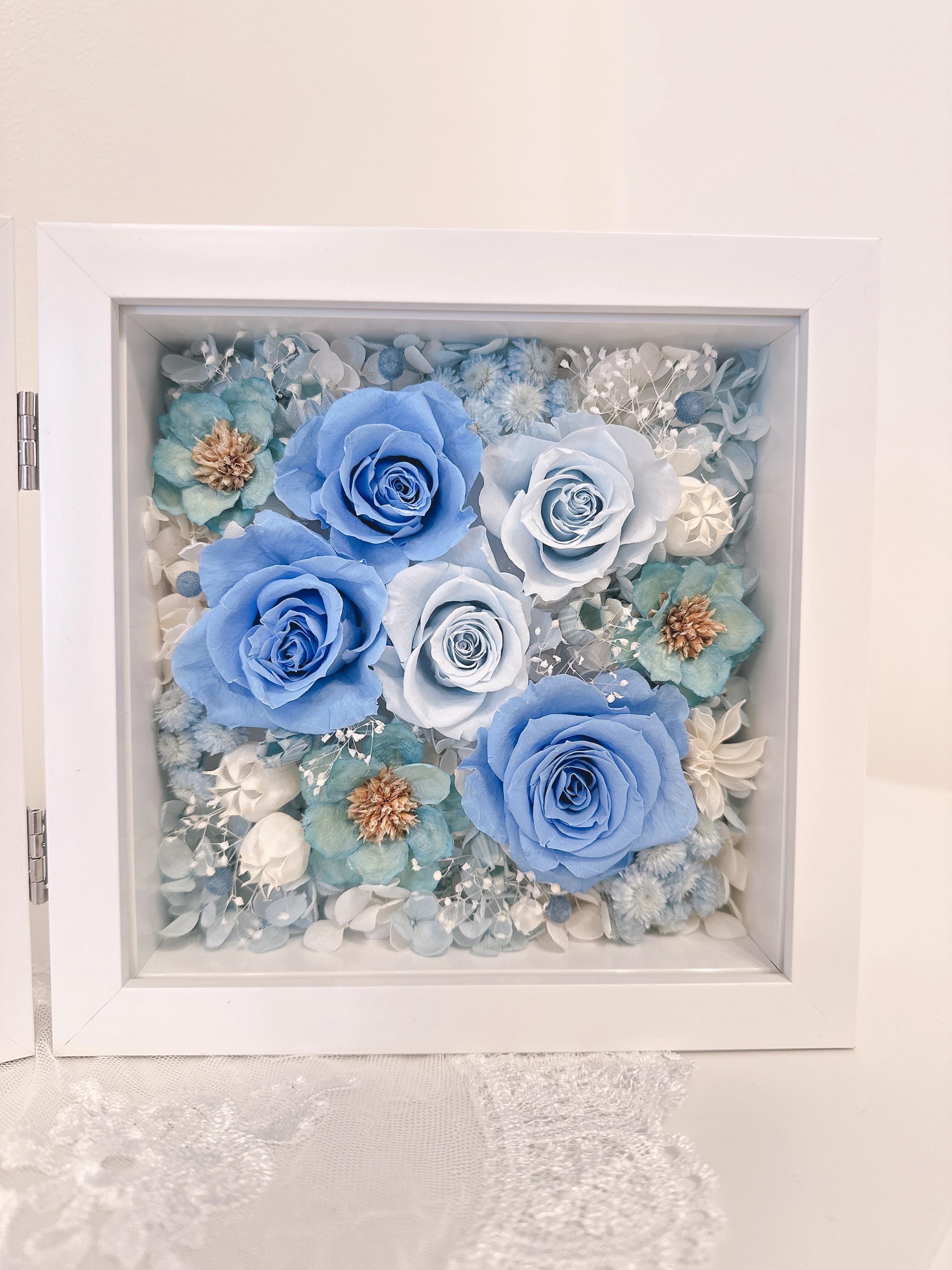 【出産祝い・男の子】フォトフレーム BOXアレンジ 写真立て バラ ブルー 青 結婚祝 誕生祝 記念日 ベビーギフト | 4枚目